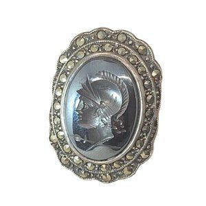 Vintage Glam Cocktail Statement Black Onyx Sterling Silver Roman Soldier Intagli
